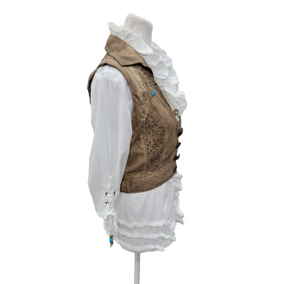 Dismero Italian Ruffle Blouse and Distressed Vest With Turquoise Accents SMALL - Picture 10 of 16